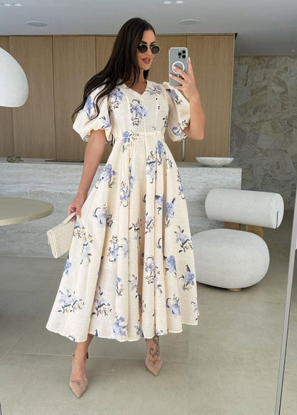 Beige Floral Puff Sleeve Maxi Dress – Elegant V-Neck A-Line Gown
