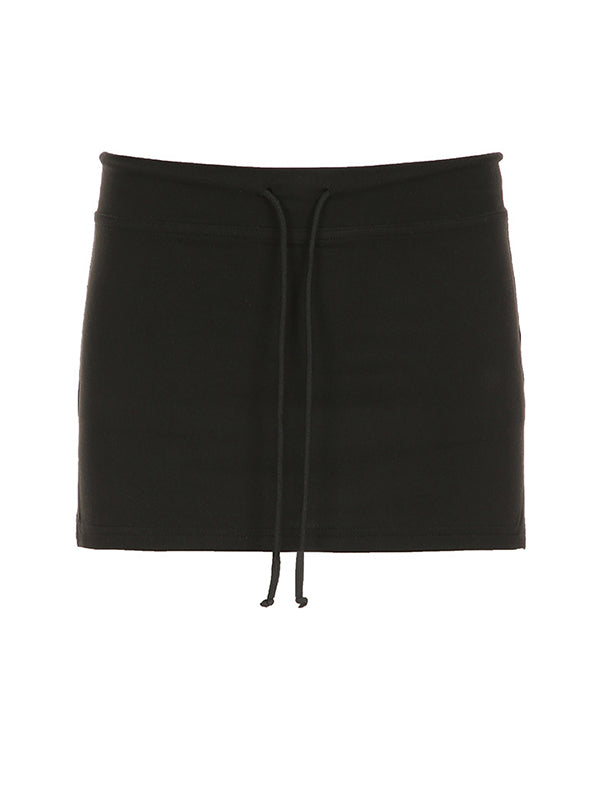 Women's Black Drawstring Slit Mini Skirt – Casual High-Waist Y2K Skirt