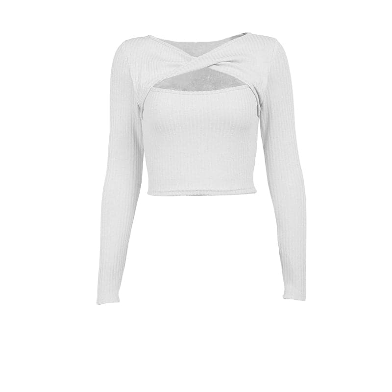 Long sleeve knitted hollow out ribbed cross front crop cut out top