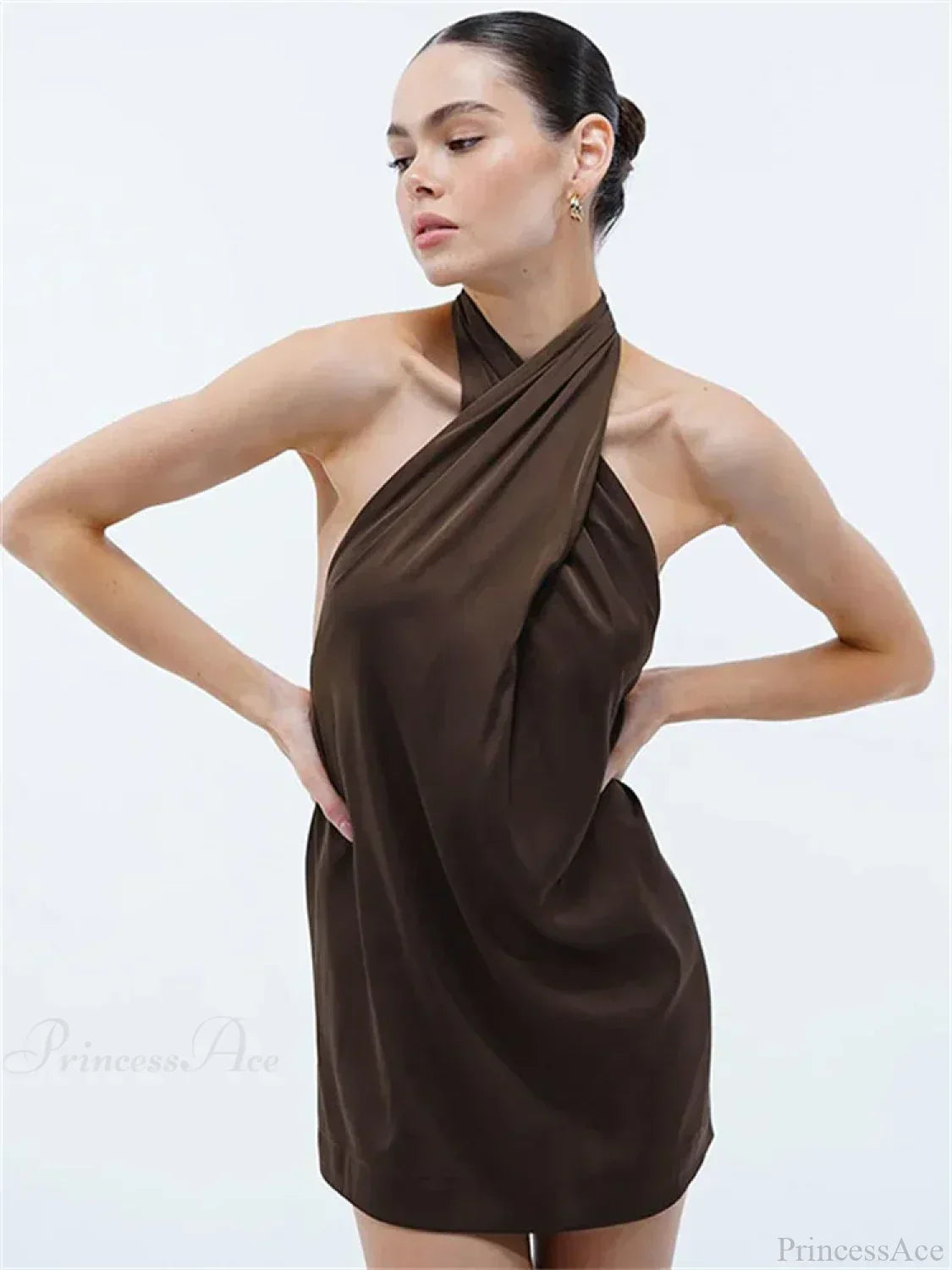 Halter Draped Cross Neck Open Back Satin Shift Mini Dress