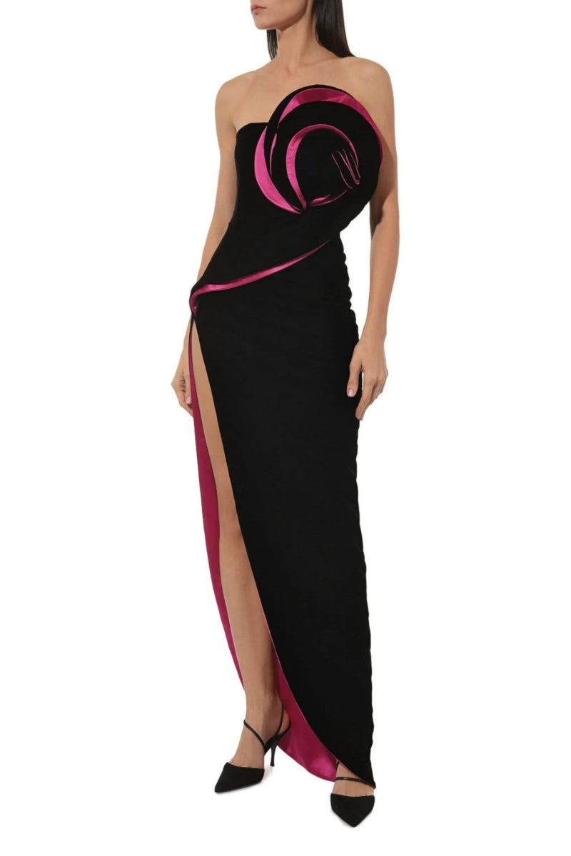 Barbara Velvet Flower Asymmetrical Maxi Dress