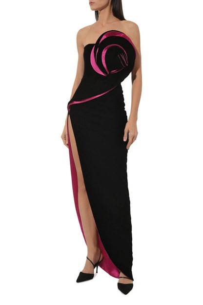 Barbara Velvet Flower Asymmetrical Maxi Dress