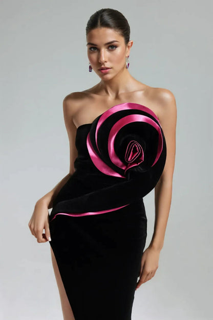 Barbara Velvet Flower Asymmetrical Maxi Dress