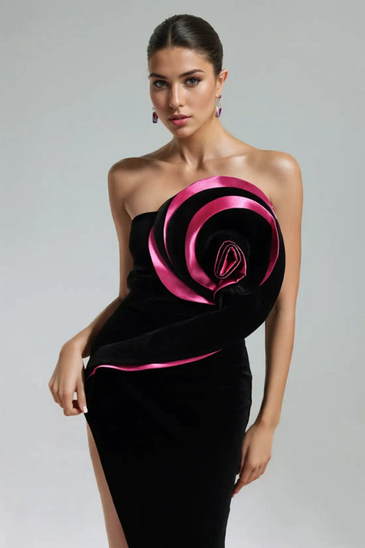 Barbara Velvet Flower Asymmetrical Maxi Dress