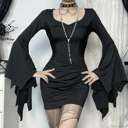 Ruched Side Bell Sleeve Scoop Neck Bodycon Mini Dress
