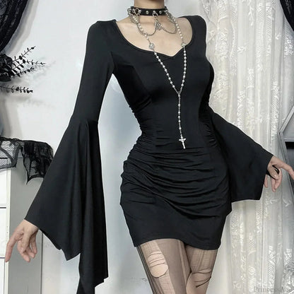 Ruched Side Bell Sleeve Scoop Neck Bodycon Mini Dress