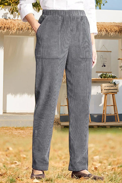 Solid color elastic waist striped straight casual pants