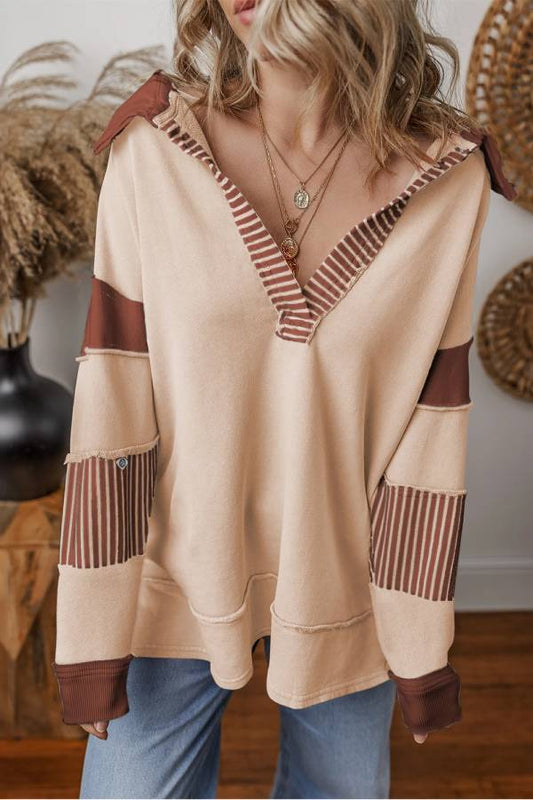Light French Beige Striped Patchwork Collar Sweatshirt