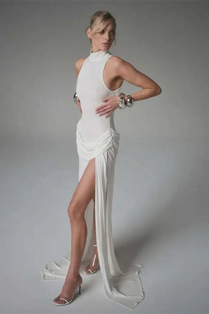 Mock Neck Sleeveless Ruched Hip High Slit Maxi Dress