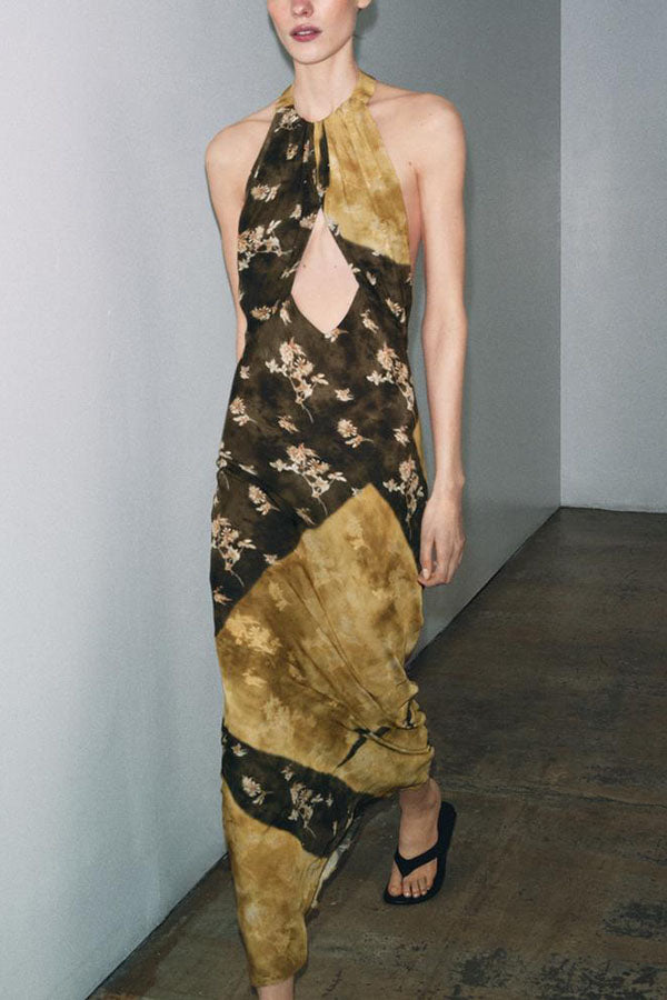 Ninah Color-block Floral Print Cutout Adjustable Halter Neck Maxi Dress