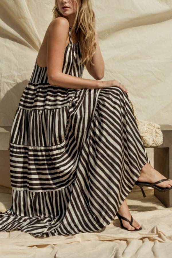 Sleeveless Stripe Maxi Tiered Dress