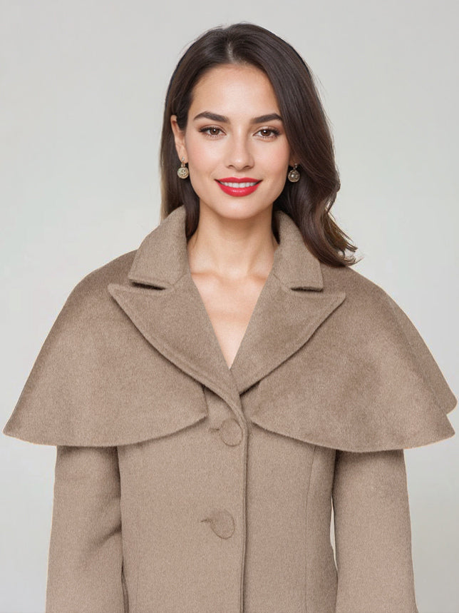 Wool Blend Coat With Cape Classic Lapel Elegant Camel Winter long Outerwear For Women 2026