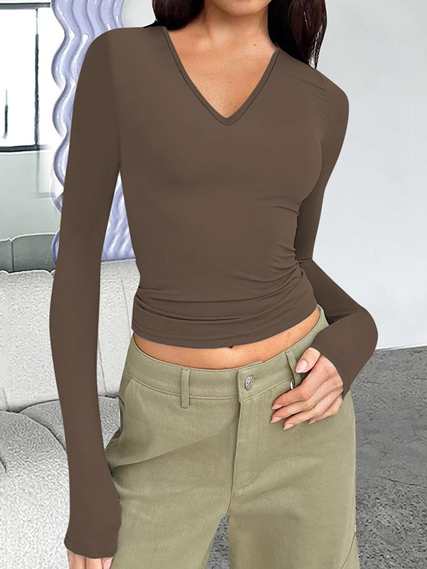 Solid V Neck Slim Long Sleeve Tee