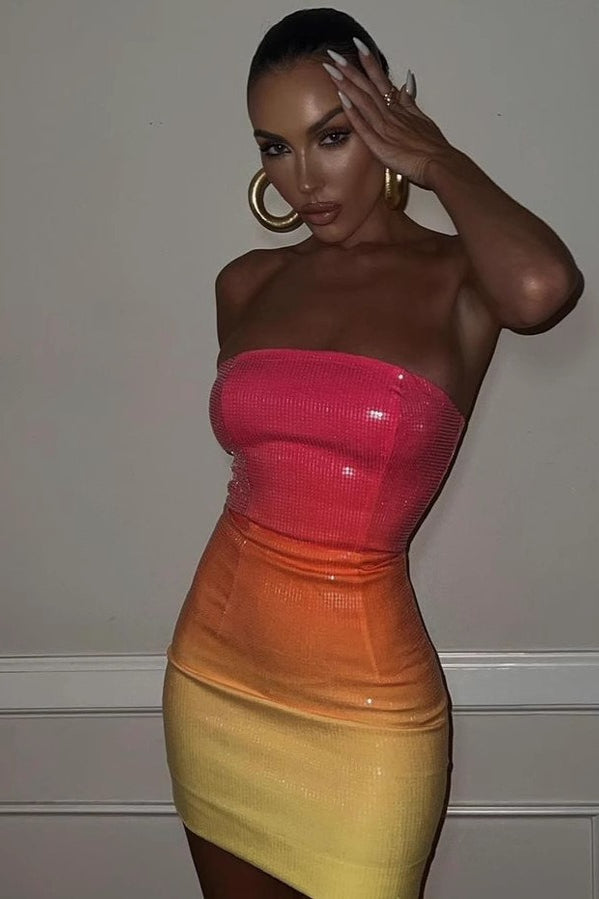 Multichrome Sequin Strapless Birthday Dress