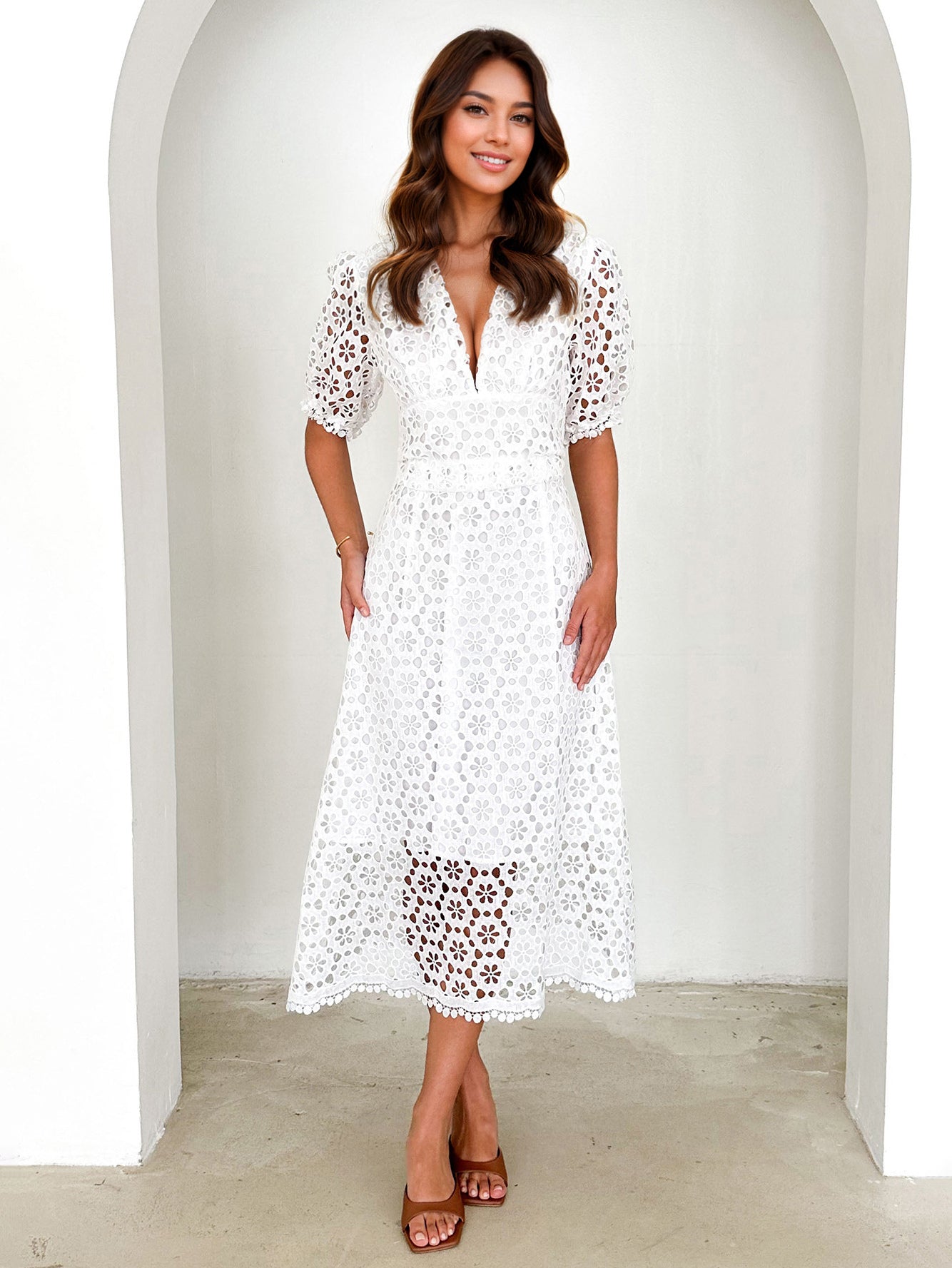 Lace Dress V-neck Puff Sleeve A-line Midi Dress For Women 2026