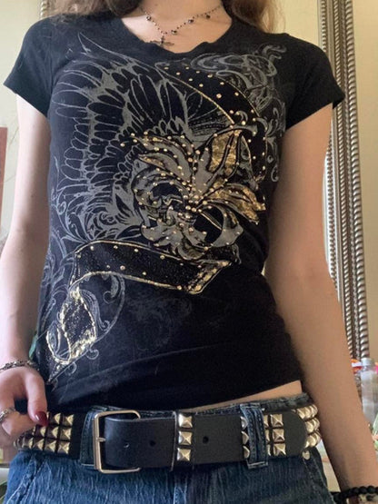 Black Vintage Printed Rhinestone Short Sleeve Tee