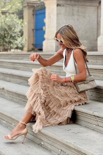 High Waist Mesh Tiered Skirt