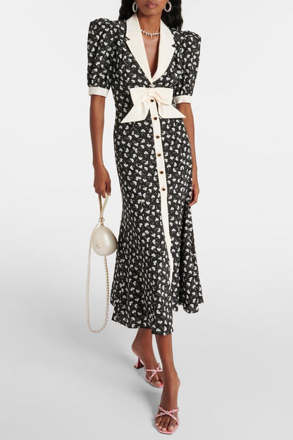 Rita Floral Bow Trimmed Puff Sleeve V-Neckline Midi Dress