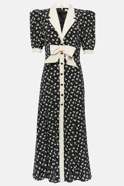 Rita Floral Bow Trimmed Puff Sleeve V-Neckline Midi Dress