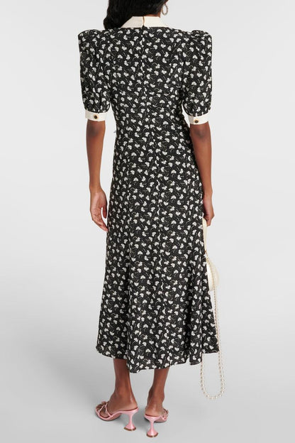 Rita Floral Bow Trimmed Puff Sleeve V-Neckline Midi Dress