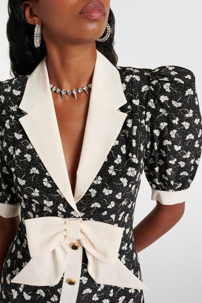 Rita Floral Bow Trimmed Puff Sleeve V-Neckline Midi Dress