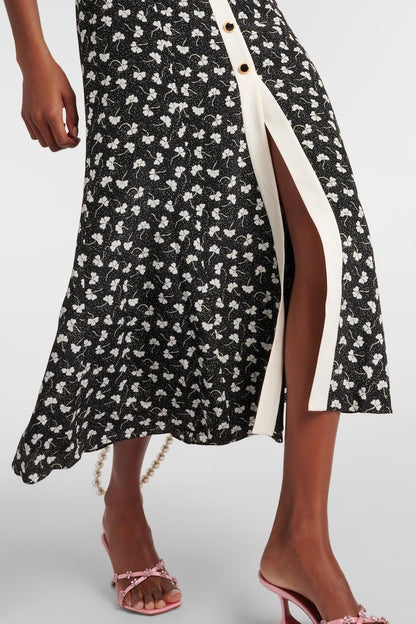 Rita Floral Bow Trimmed Puff Sleeve V-Neckline Midi Dress