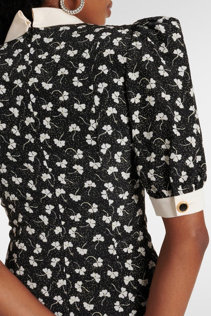 Rita Floral Bow Trimmed Puff Sleeve V-Neckline Midi Dress