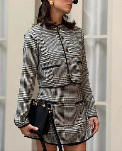 Black Print O-Neck Pockets Mini Office Two Piece Set