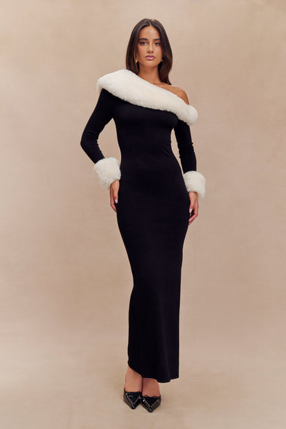 Dawn Faux Fur One Shoulder Slit Maxi Dress