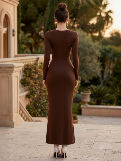Cutout Side Ruched Maxi Party Dress With Gold Metal Accent For Women 2026