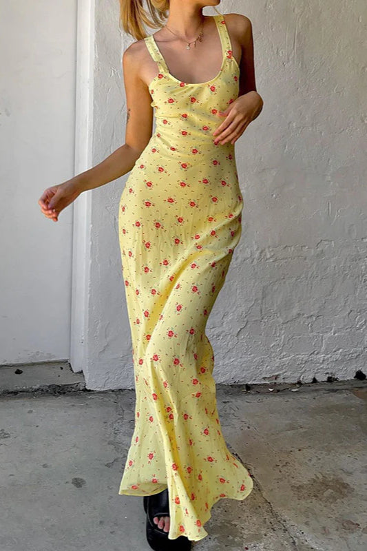 Floral Print Suspender Dress Long Fishtail Maxi Dress