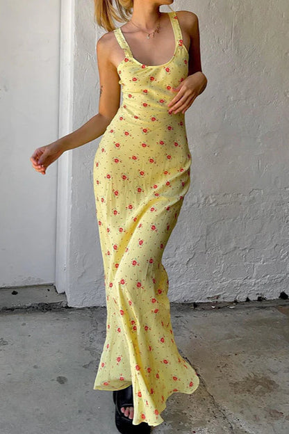 Floral Print Suspender Dress Long Fishtail Maxi Dress