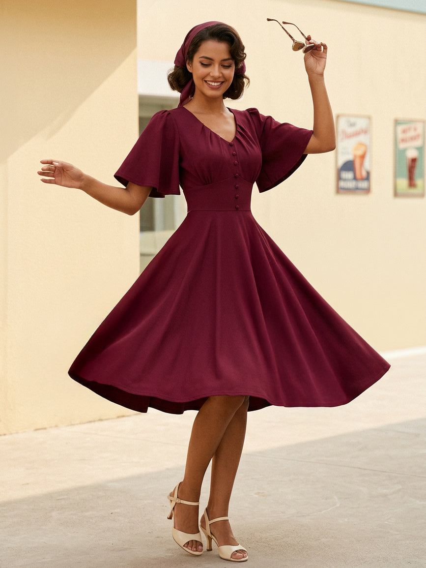 V Neck Ruched Front Button Decor Flutter Sleeve Retro Swing Dress For Women 2026