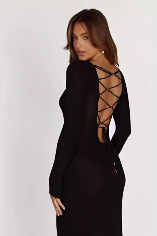Sexy Knit Backless Tie Waist Long Sleeve Bodycon Dress