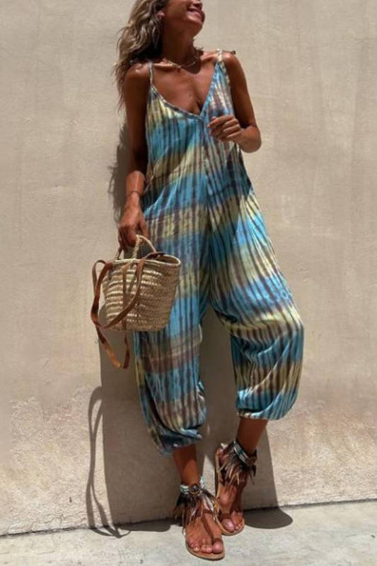 V-neck Printed Loose Lace-up Jumpsuit