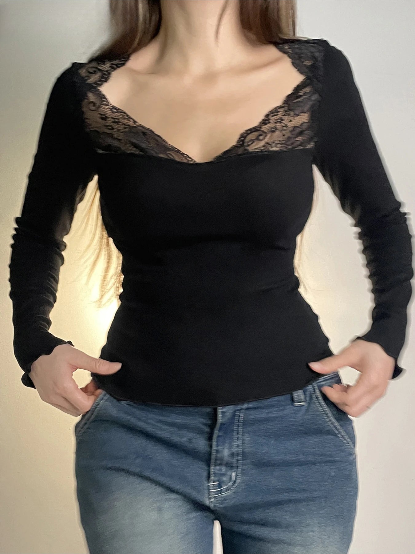Casual Patchwork Lace Slim V-Neck Long Sleeve Knit Top