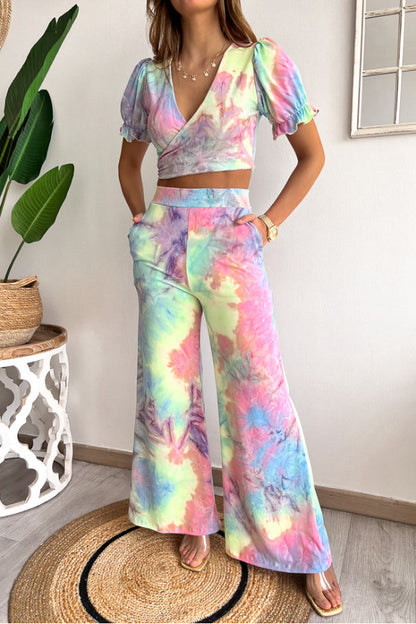 Floral Print V Neck Short Sleeves Crop Top Elastic Waist Wide Leg Pants Set