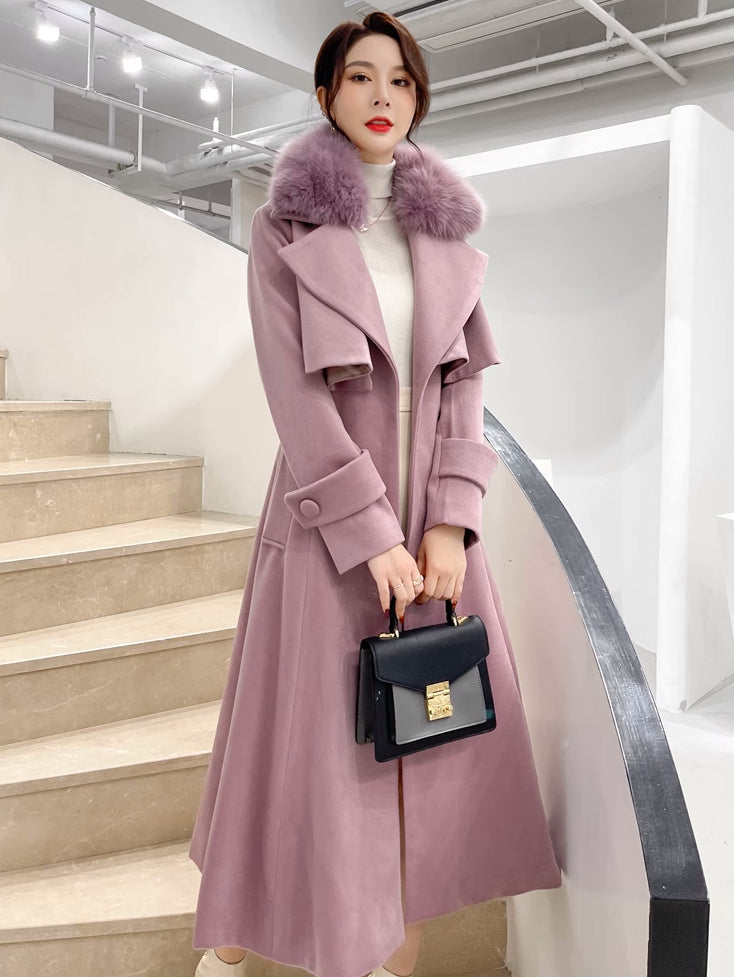 Full Length Flared Woolen Coat White Faux Fur Collar Classic Lapel Belted Slim A-line Winter Maxi Coat 2026