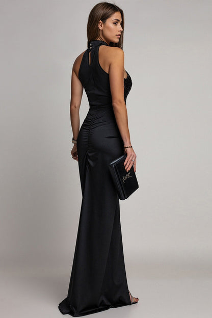 Velvet Sequin Slit Midi Bodycon Dress