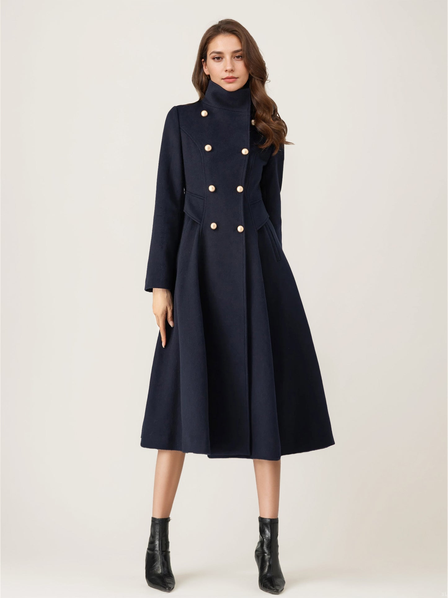 Woolen Flared Coat For Woman Stand Collar Dark Navy Vintage Double-breasted Winter Midi Outerwear 2026