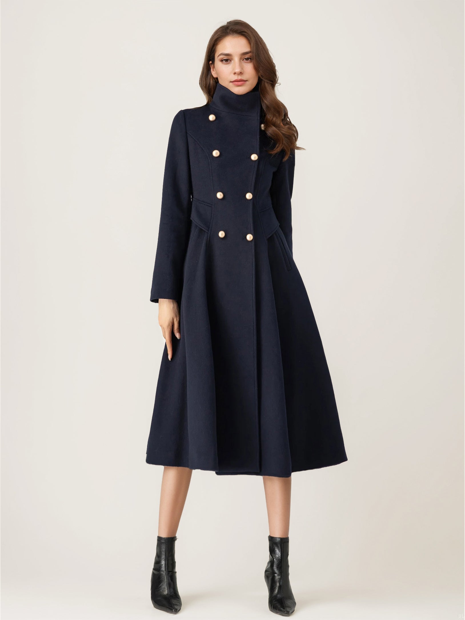 Woolen Flared Coat For Woman Stand Collar Dark Navy Vintage Double-breasted Winter Midi Outerwear 2026