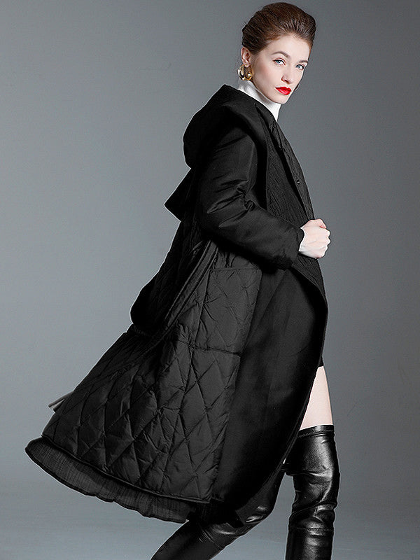 Black Down Coat Hooded Belted Long Winter Outerwear For Women