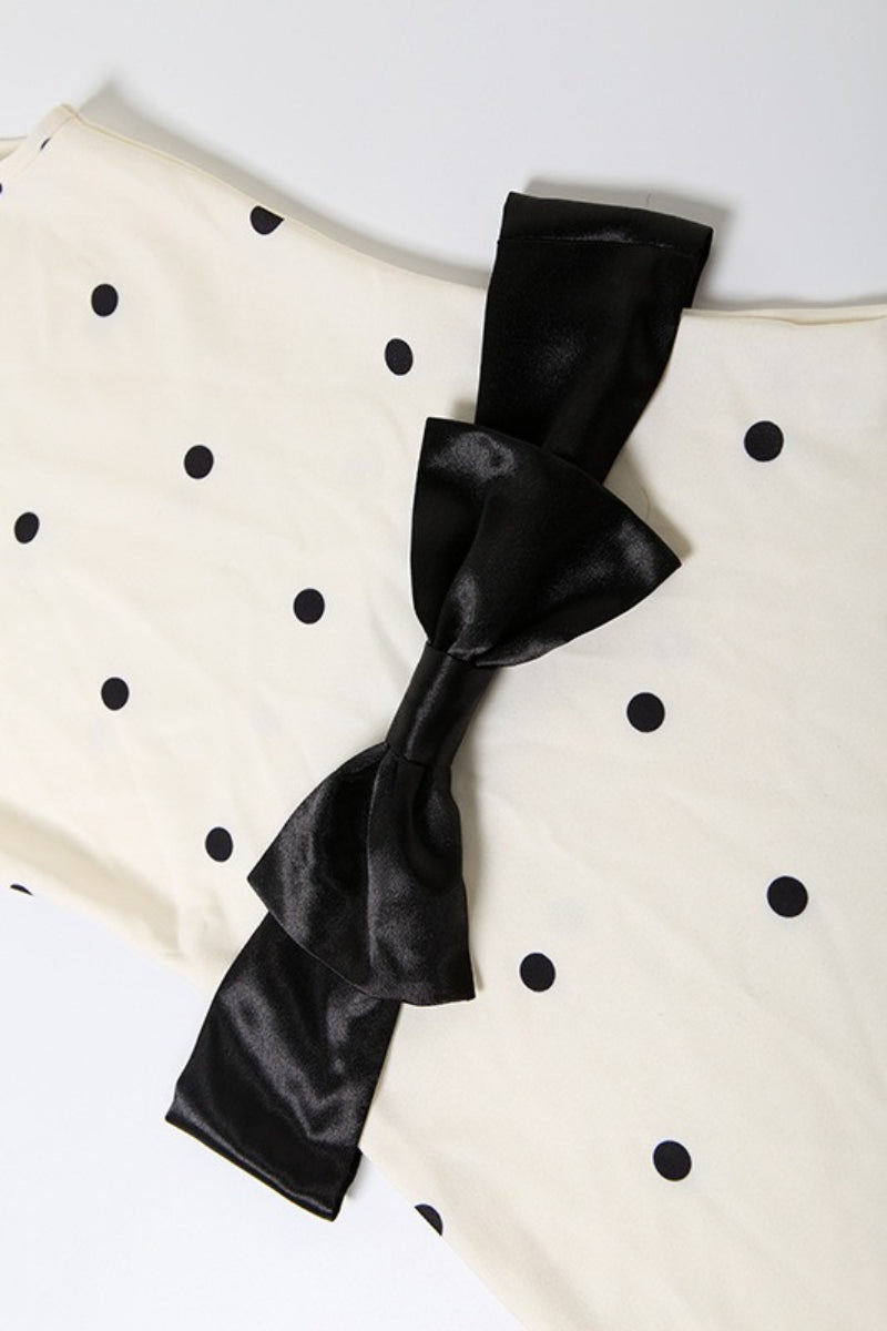 Mock Neck Polka Dot Oversized Bow Waist Lace Trim Bodycon Mini Dress