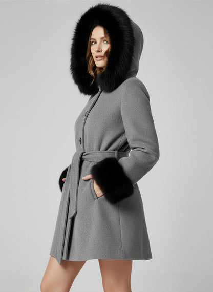 Belted Wool Blend Hooded Coat with black Faux fur cuffs For Women 2026