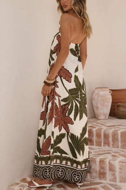 Botanical Print Sleeveless Off-shoulder Resort-style Loose Maxi Dress
