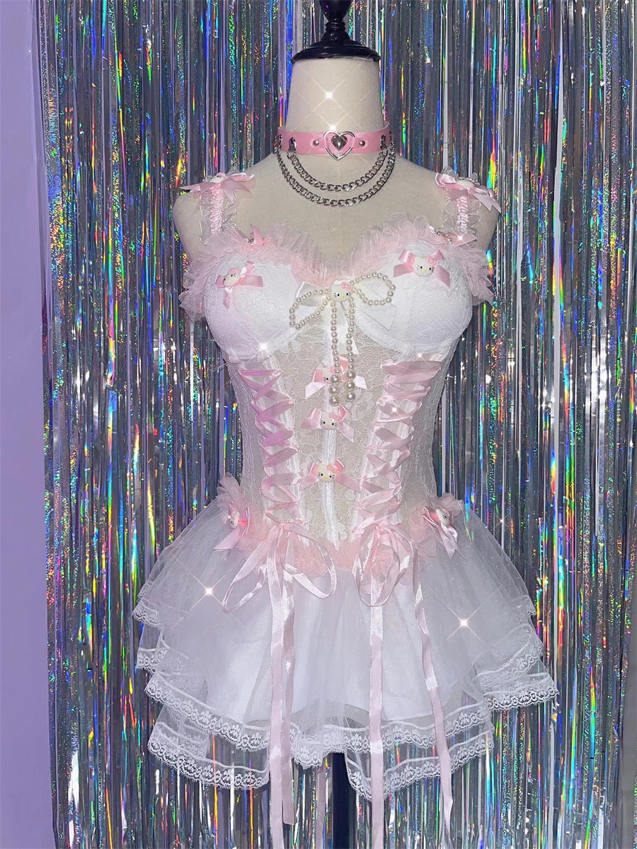 Y2K White Lace  Sheer Mini Skirt Dress Lingerie