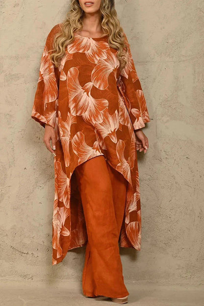 Exquisite Floral Print Crew Neck Paneled Pant Suit