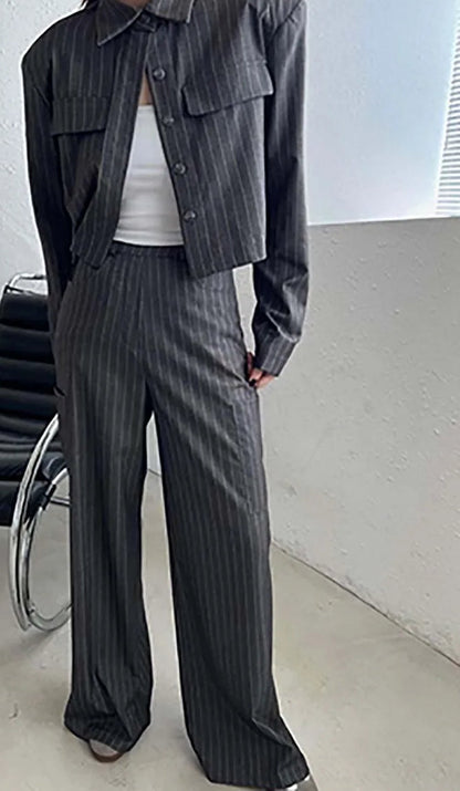 Grey Print Pockets Button Pants Office Two Piece Set