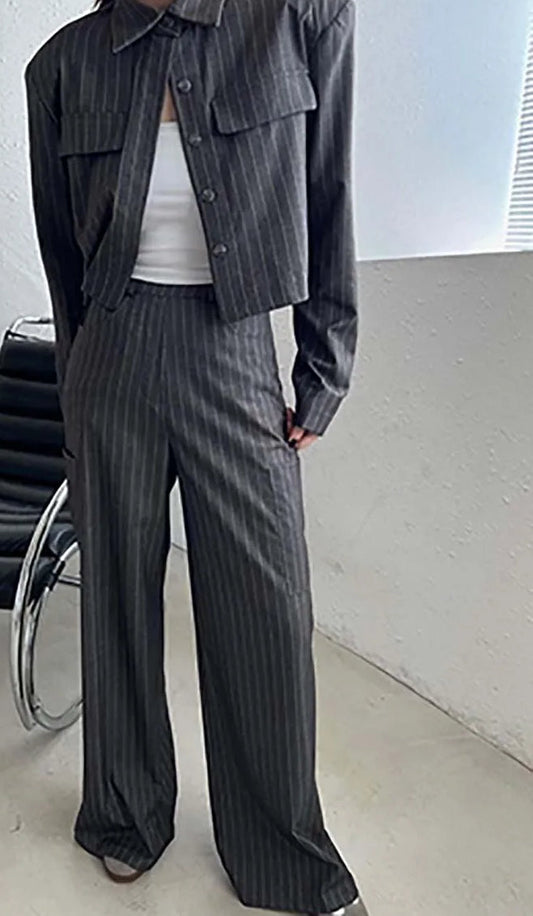 Grey Print Pockets Button Pants Office Two Piece Set