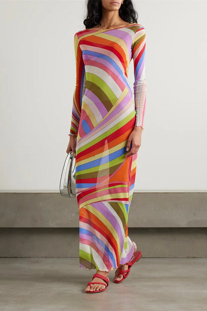 Swirl Print Mesh Long Sleeve Crew Neck Bodycon Maxi Dress